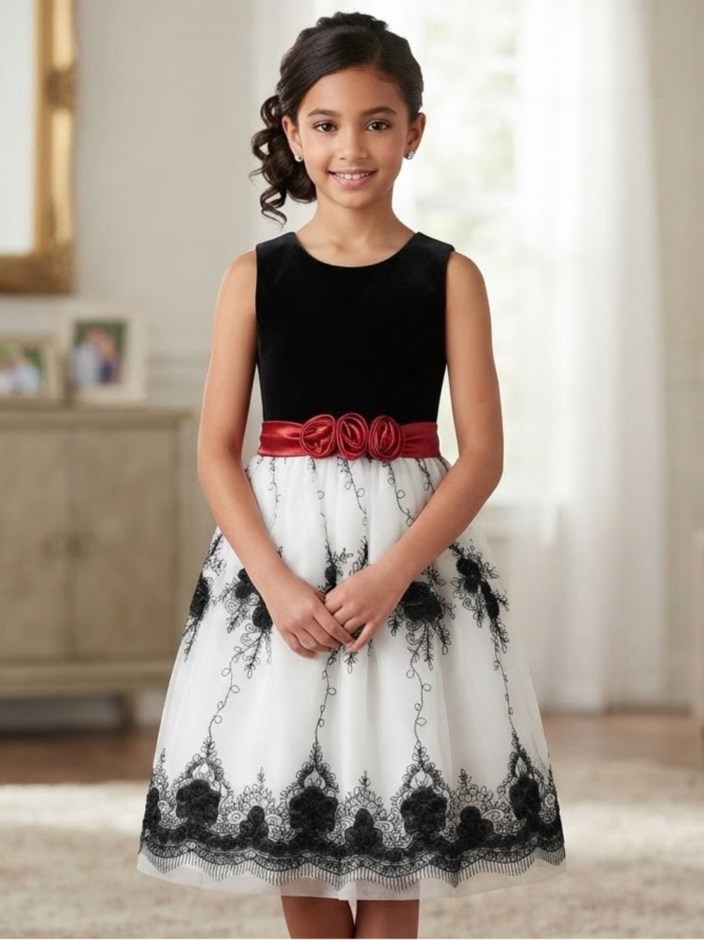 Bonnie Jean Black Velvet & White Embroidered Lace Dress with Red Satin Sash 10